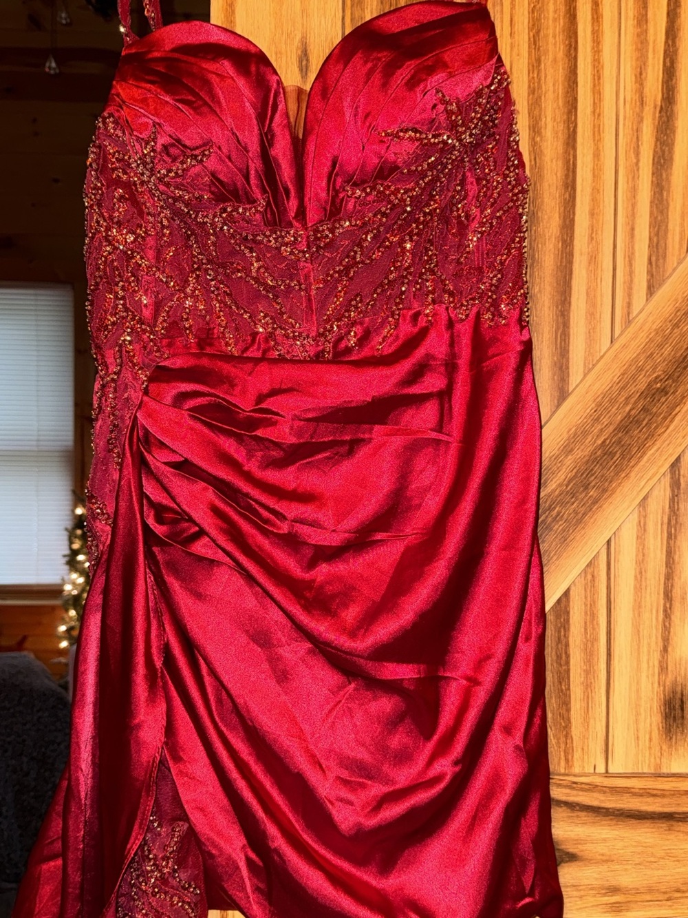 Source Unknown Red Strapless Beaded Satin Mini Dress